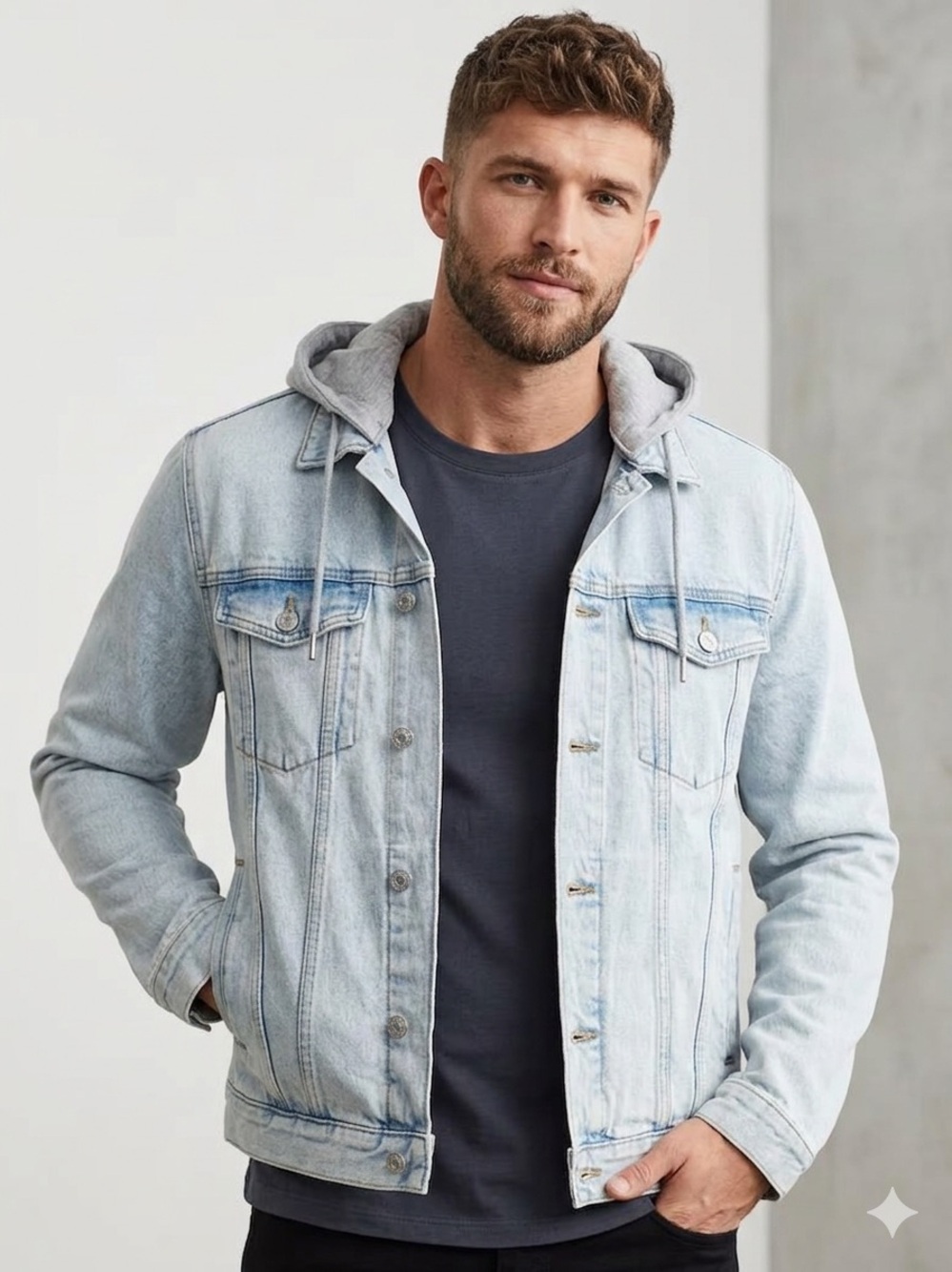 H&M Light Wash Denim Jacket with Attached Hood